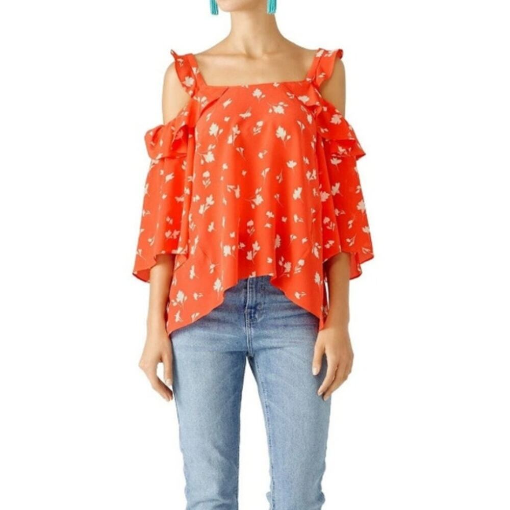 Shoshanna Bronwen Red Floral Print Cold Shoulder Ruffle Silk Top Womens Small